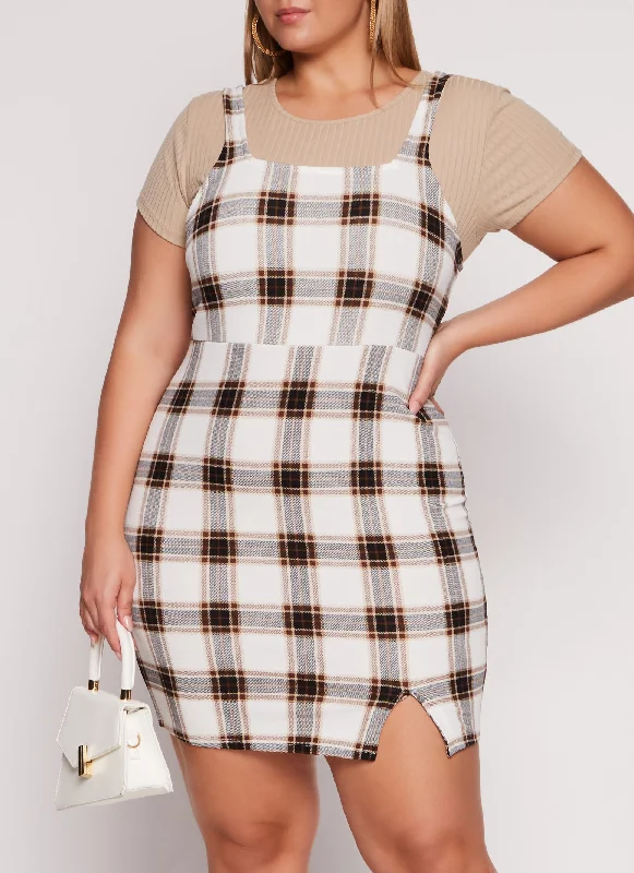 Plus Size Plaid Crepe Knit Dress with Ribbed Tee