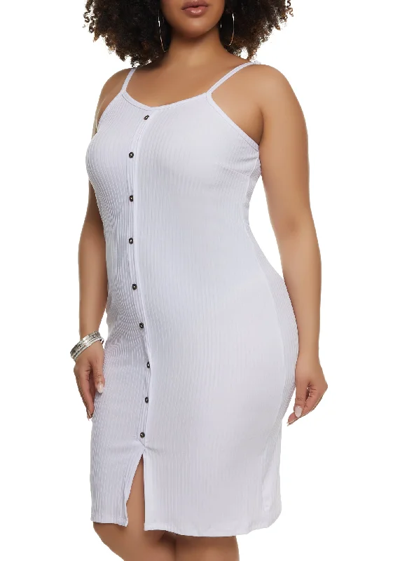 Plus Size Ribbed Knit Faux Button Front Cami Dress