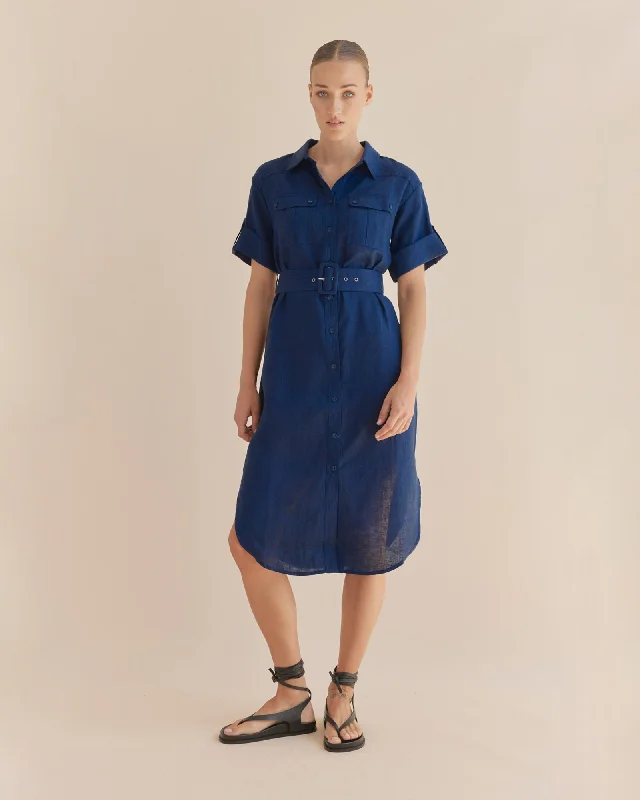 Provence Linen Shirt Dress - Navy