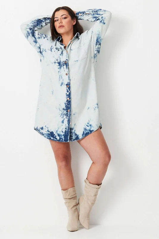 Shibori Denim Shirt Dress - White