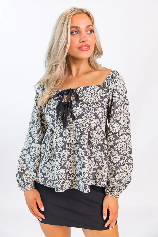 Always Ready Black and Ivory Jacquard Tie Front Knit Top