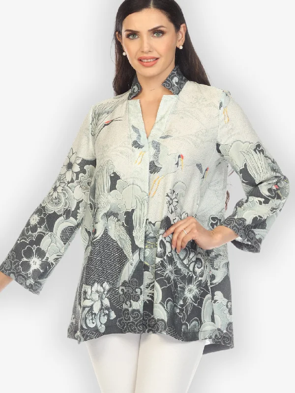 Black White Crane Wave Oversized Notch Collar Shirt