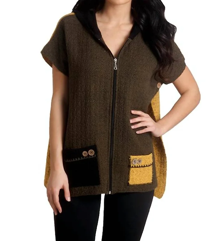 Boucle Hooded Poncho In Armycombo