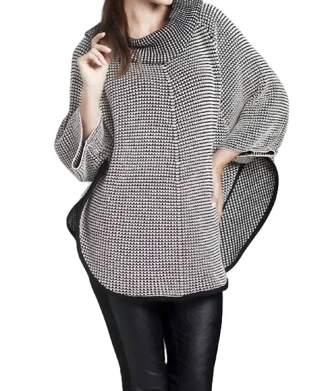 Cowl Neck Tweed Poncho In Black/white