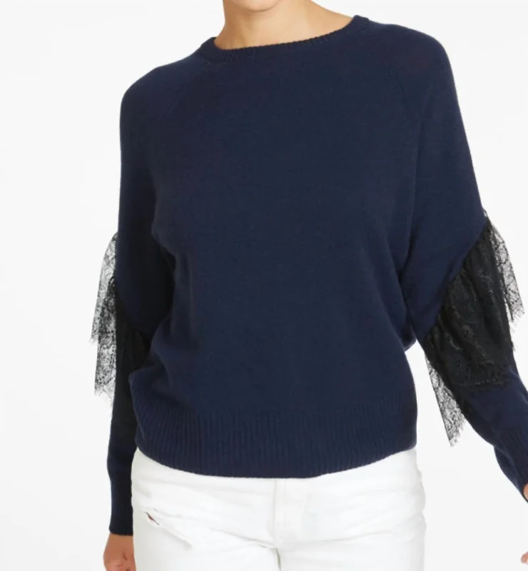 Lace Trimmed Raglan Sweater In Navy Blue