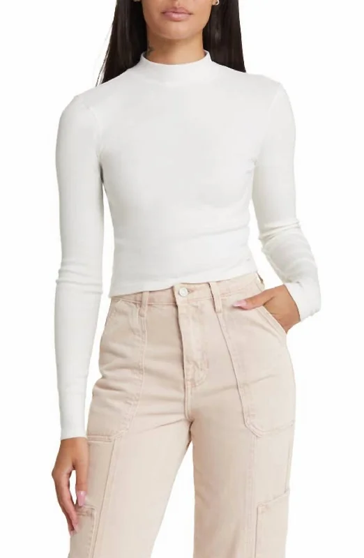 Thin Ribbed Knit Turtle Mock Neck Long Sleeve Top In Ivory