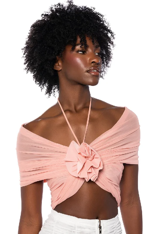 AIRA MESH OFF THE SHOULDER HALTER CROP TOP IN BLUSH PINK