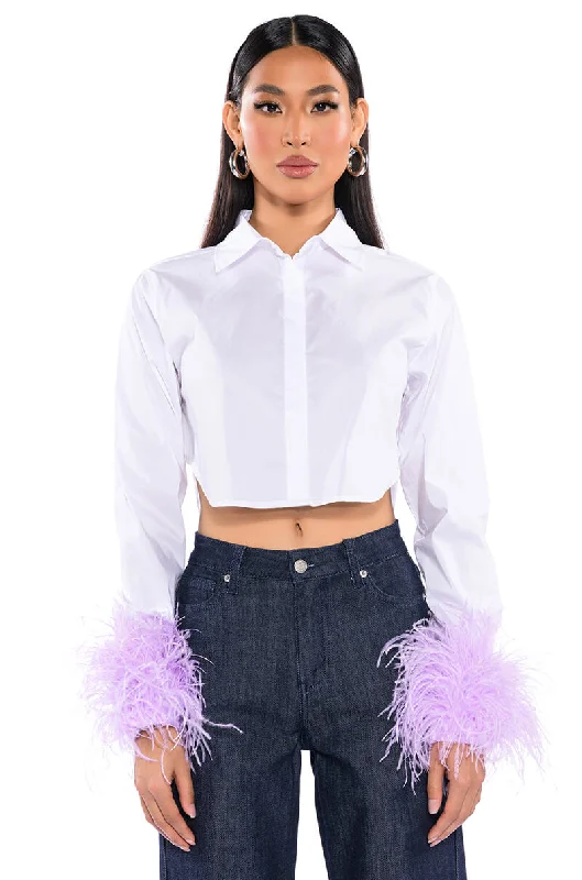 FEATHERS ON MY MIND CROPPED POPLIN SHIRT WITH FEATHERS