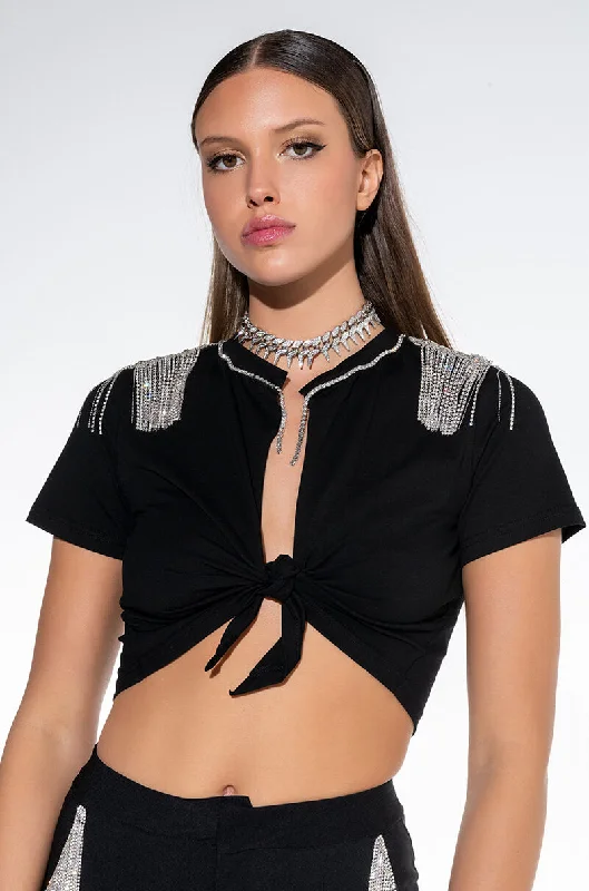 HOUSTON ATLANTA VEGAS EMBELLISHED TIE FRONT CROP TOP