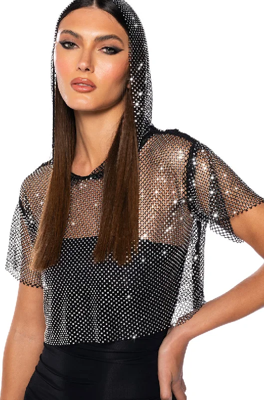 NORTH STAR RHINESTONE MESH HOODED CROP TOP