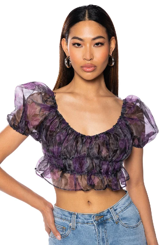 RAIN PRINTED ORGANZA RUCHED CROP BLOUSE